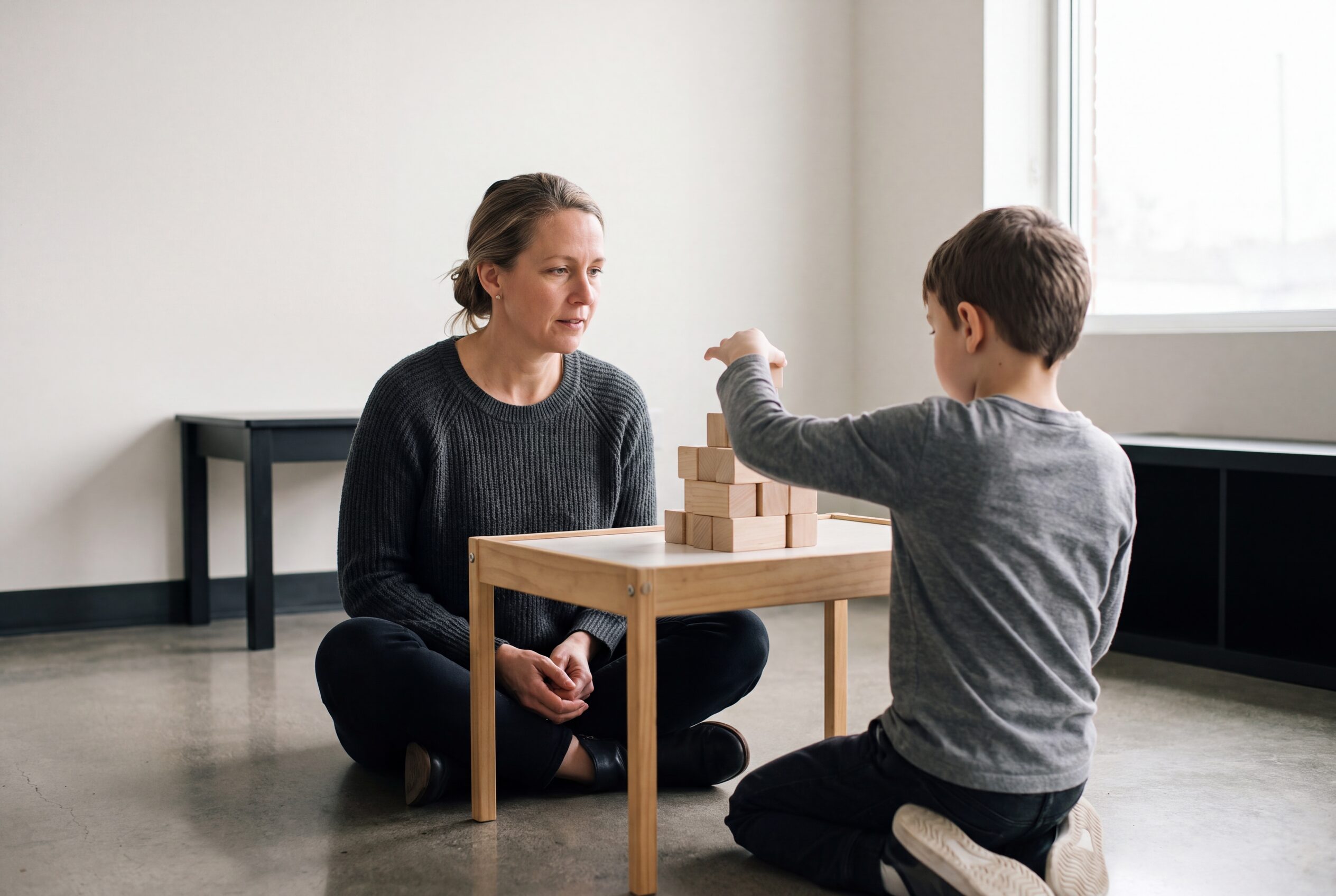 A specialist and a child at a low table with wooden blocks