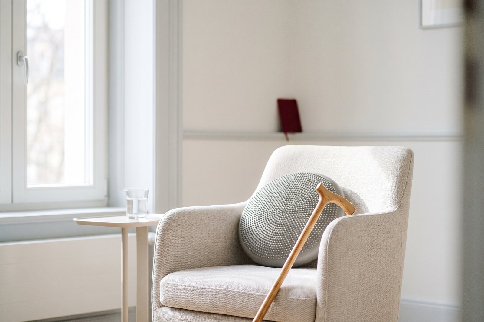 A balance cushion and a wooden walking cane beside a pale armchair