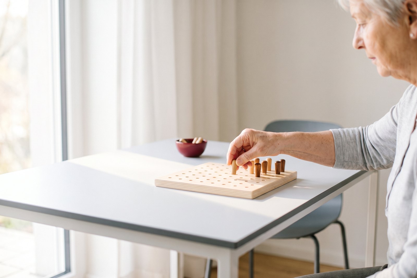 A hand placing a wooden peg into a fine-motor practice board