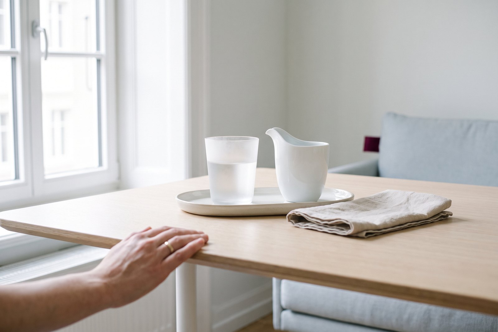 A spouted drinking cup and a glass of water on a pale tray