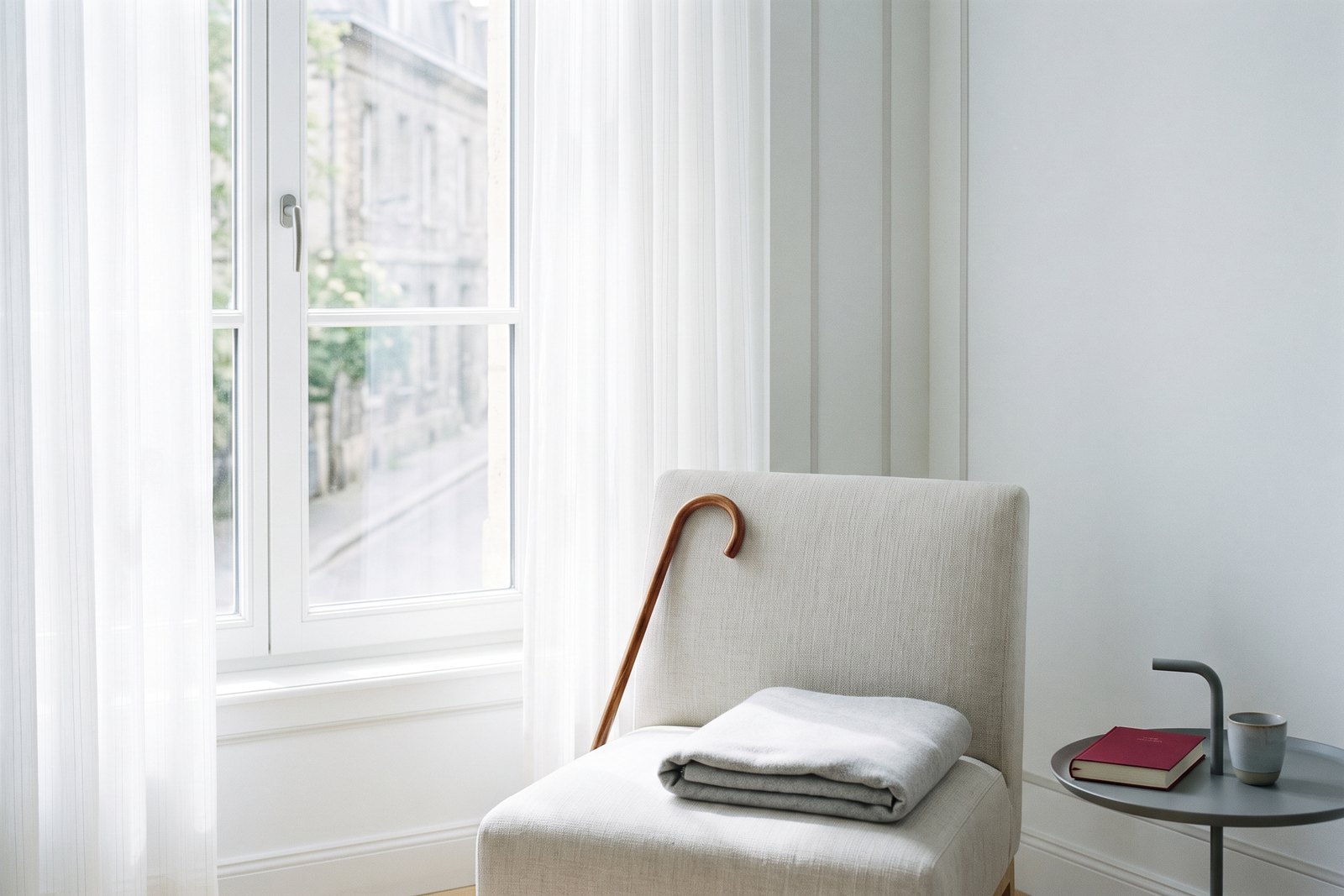 A slim walking cane leaning against a pale linen armchair by a window