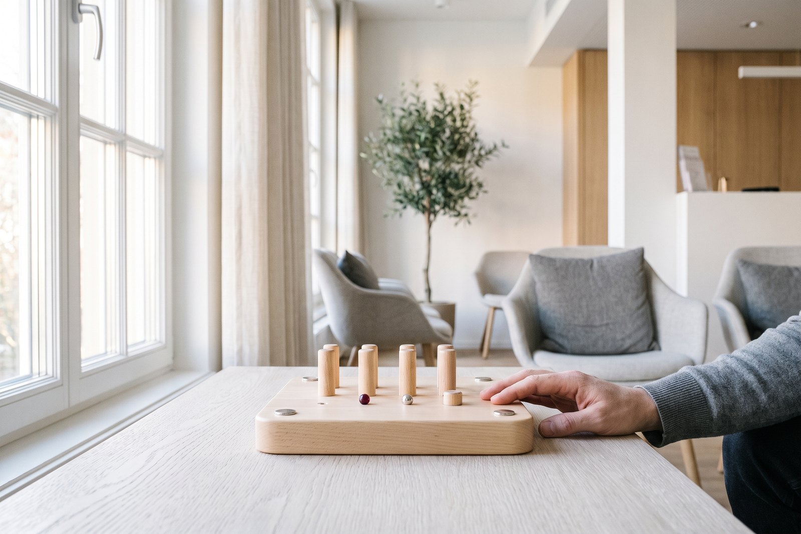 A wooden coordination board on a pale table, a hand resting beside it