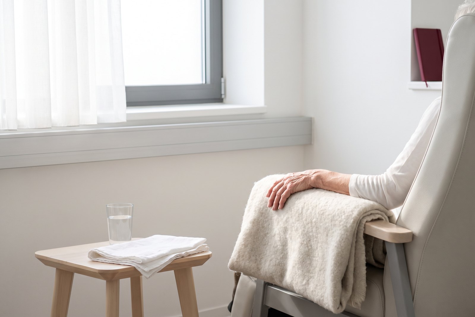An older woman's hand resting on a wool blanket in a clinic chair by a window