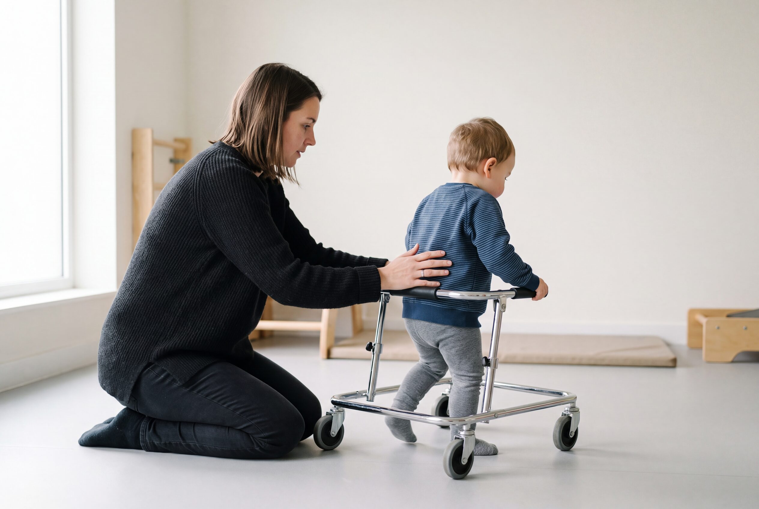 A paediatric physiotherapist supporting a young child taking steps in a gait trainer