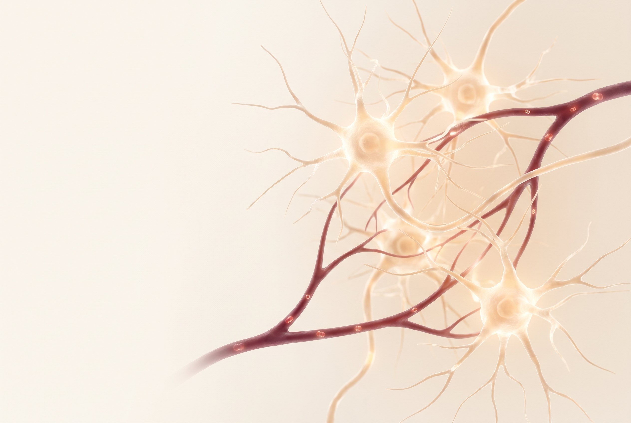 A scientific visualisation of neonatal neurons near an oxygen-carrying blood capillary