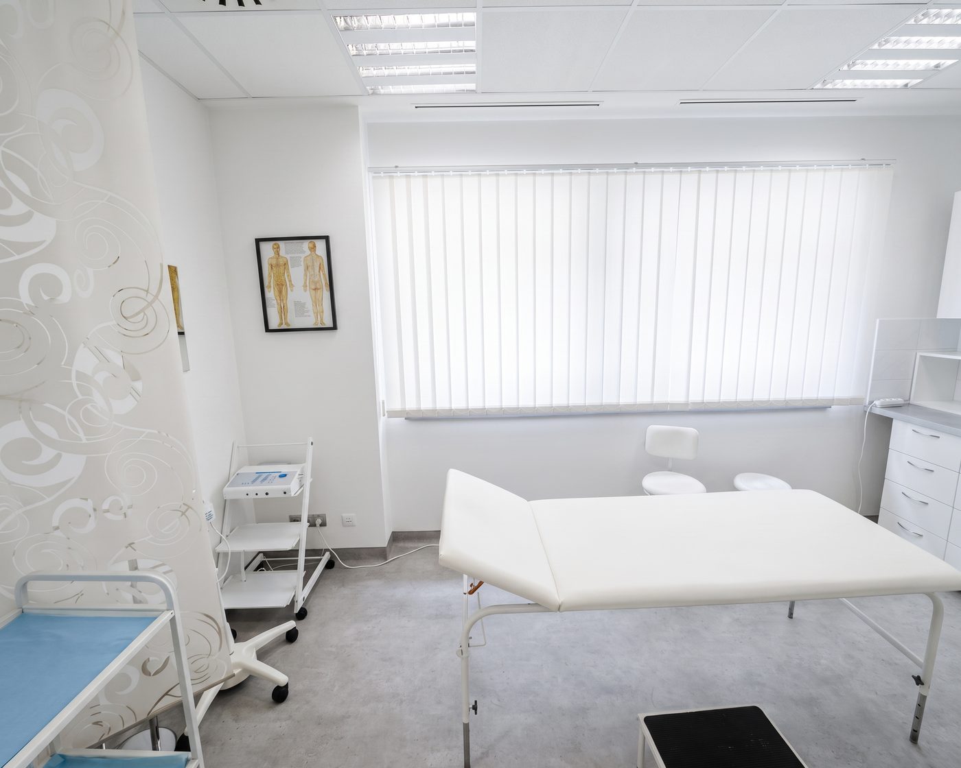 A treatment room with an anatomical chart and a mobile therapy unit