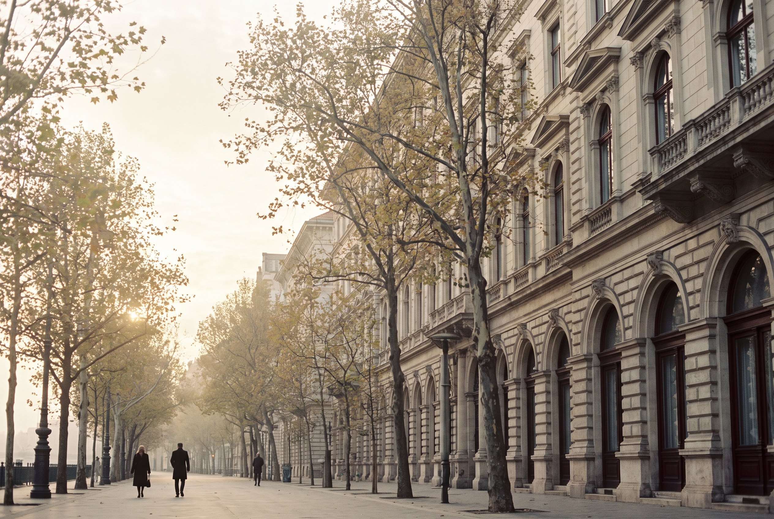 A quiet tree-lined Budapest boulevard at golden hour
