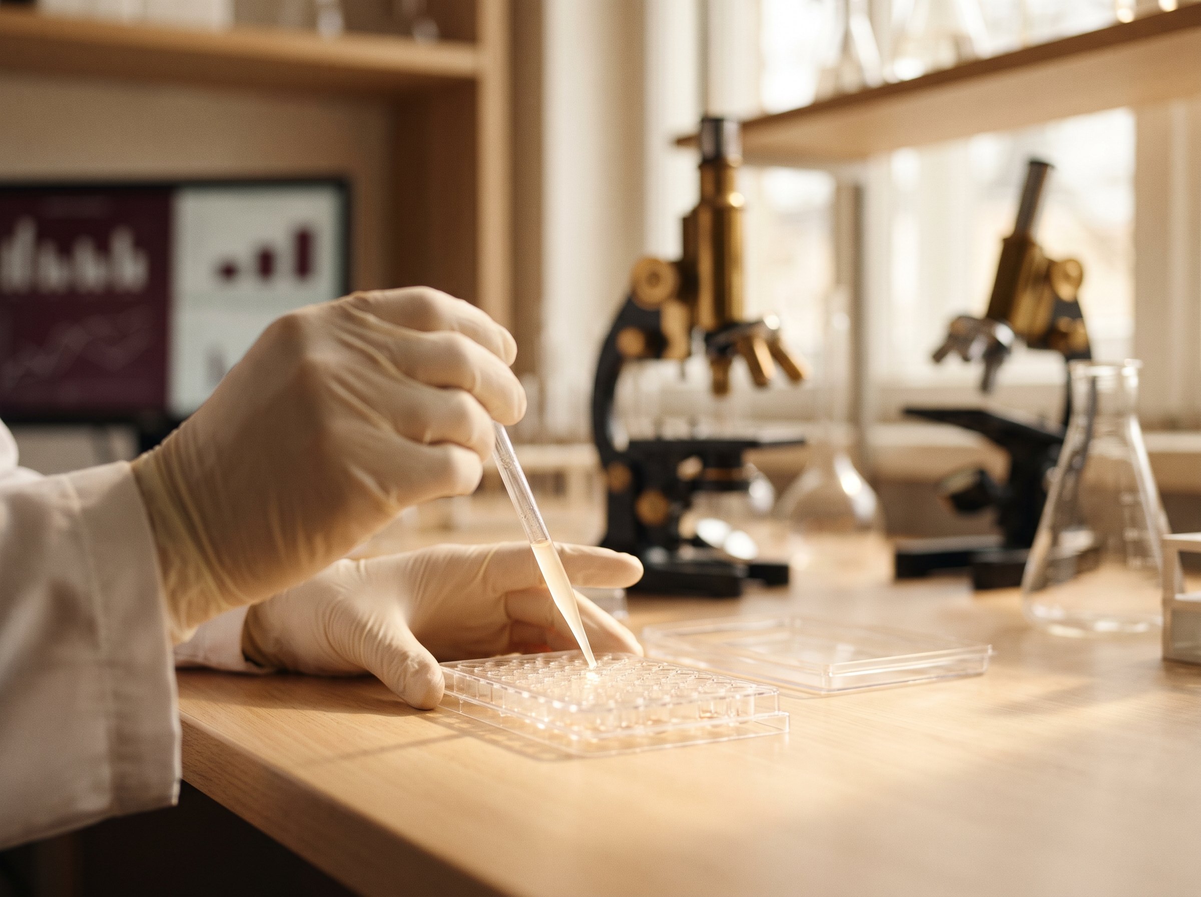 Un ricercatore pipetta un campione cellulare preparato al bancone del laboratorio dell'istituto