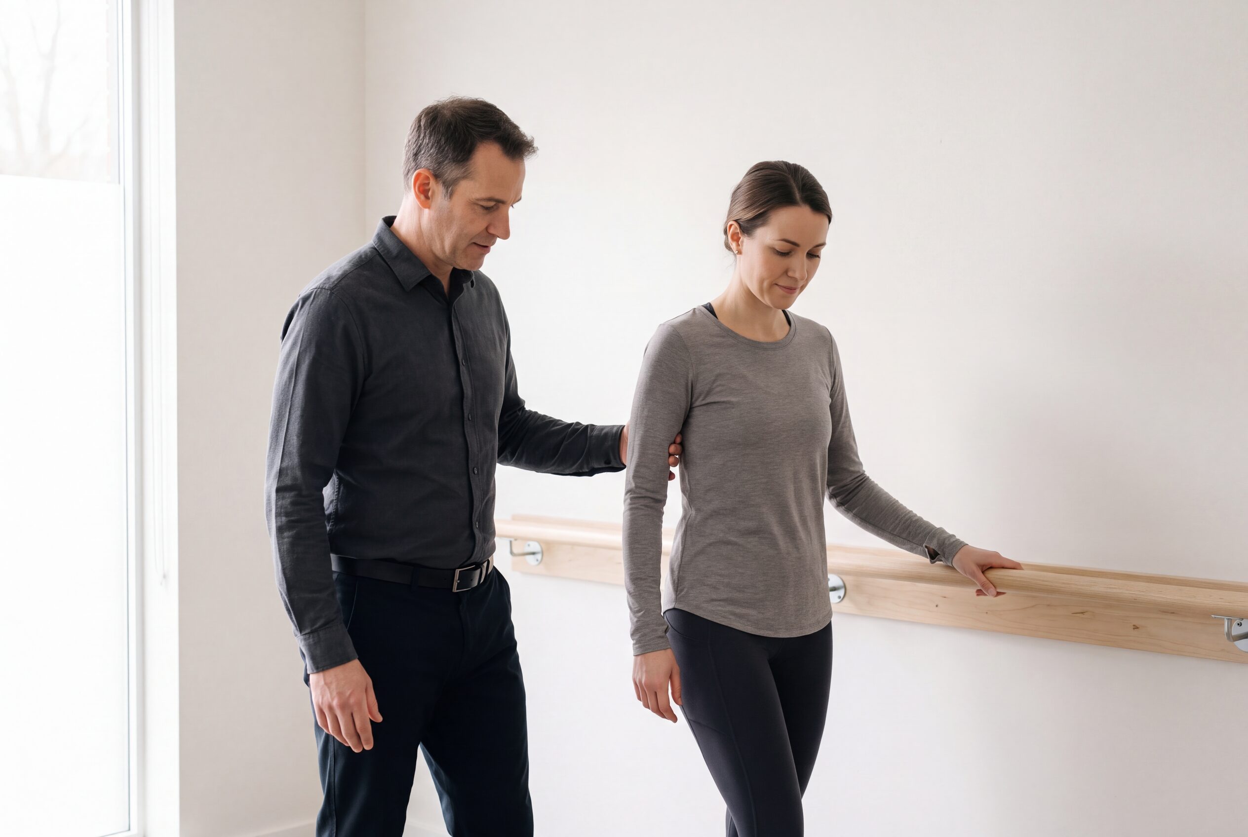 A physiotherapist steadying a woman's elbow as she walks at a balance rail