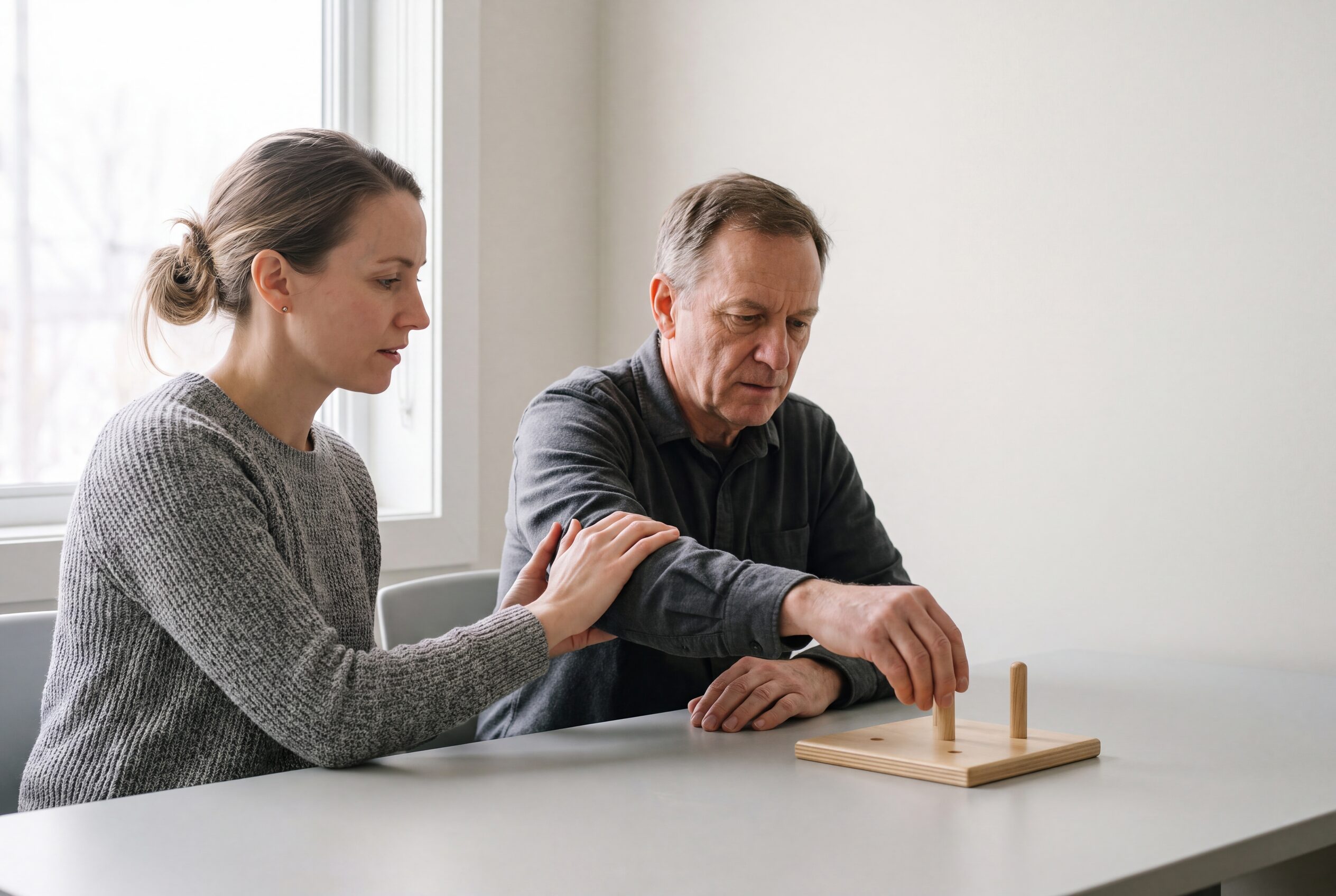 An occupational therapist steadying a man's forearm during a reaching exercise