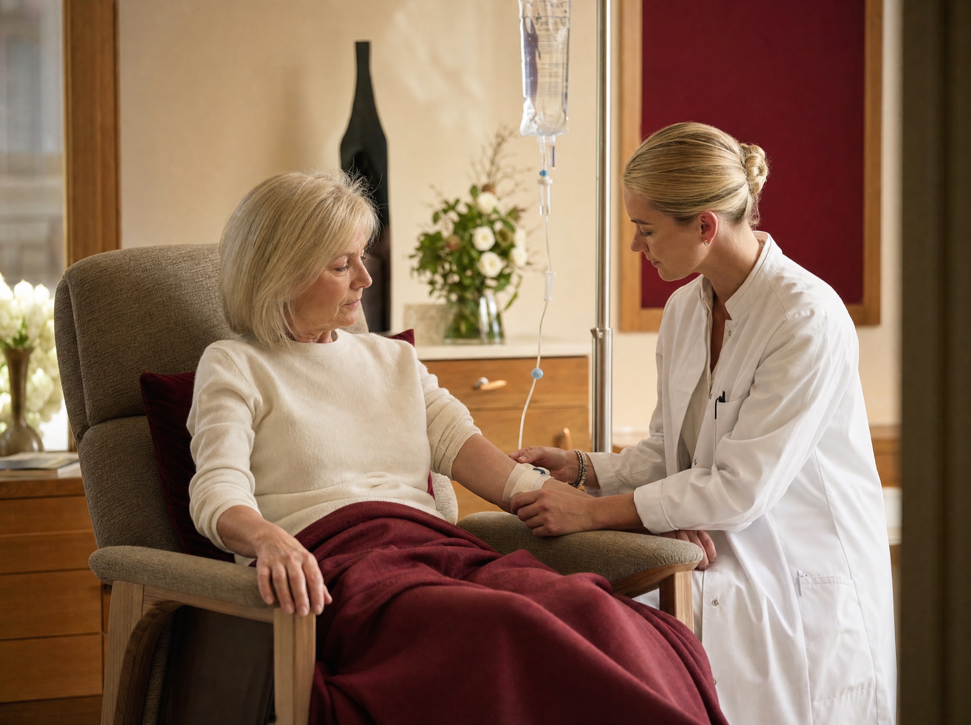A patient receiving regenerative therapy in a calm treatment room, a clinician attending